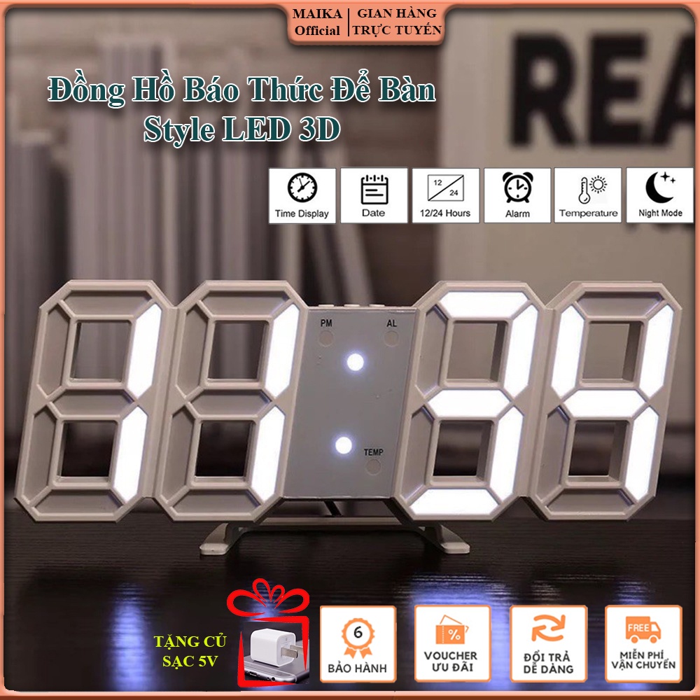 Đồng Hồ 3D Led Kỹ Thuật Số Thông Minh. Đồng Hồ Báo Thức Để Bàn ,Treo Tường, Làm quà tặng. Tặng Củ Sạc 5V -