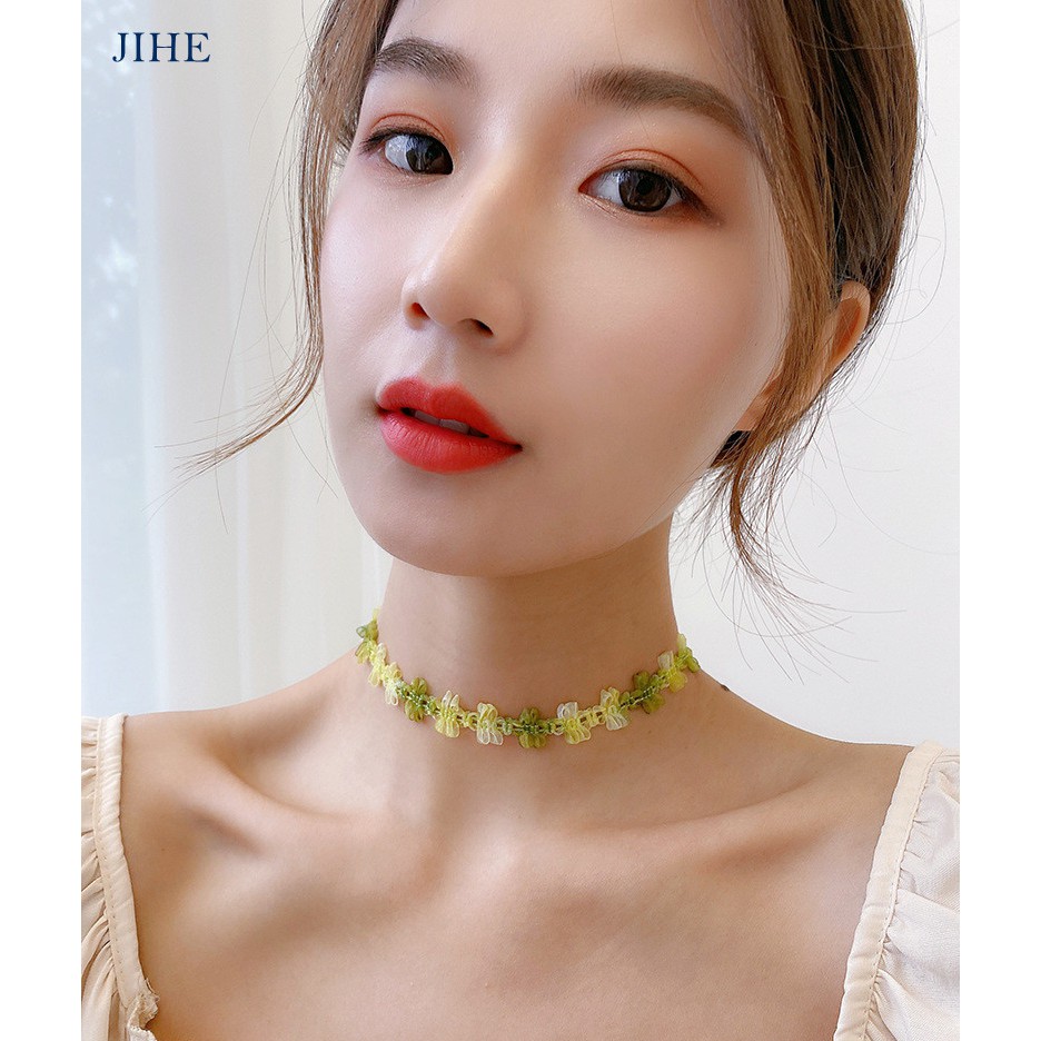 【JIHE】Vòng cổ choker dệt màu xanh lá cây phối ren