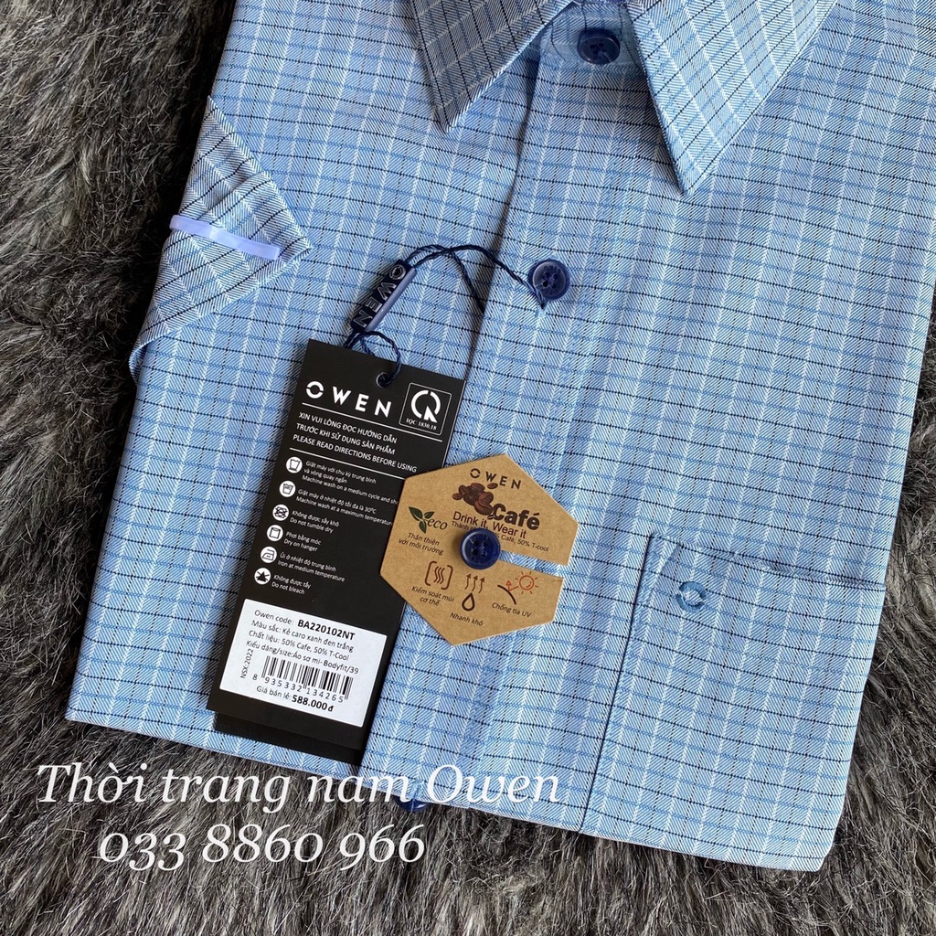 OWEN - Áo Sơ mi ngắn tay Owen vạt ngang chất CAFE không nhăn kẻ ô nhỏ 220109 220102