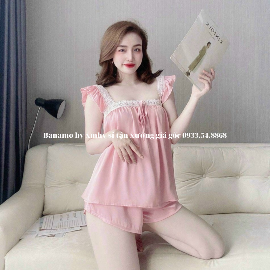 Bộ lụa satin phối ren cao cấp siêu đẹp thời trang Banamo fashion bộ lụa satin 174