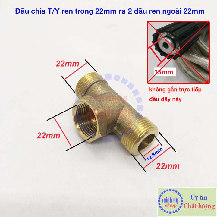 Đầu chia nước 2 đầu ngõ ra dùng cho máy rửa xe, máy phun xịt cao áp ren ngoài 22mmx1.5