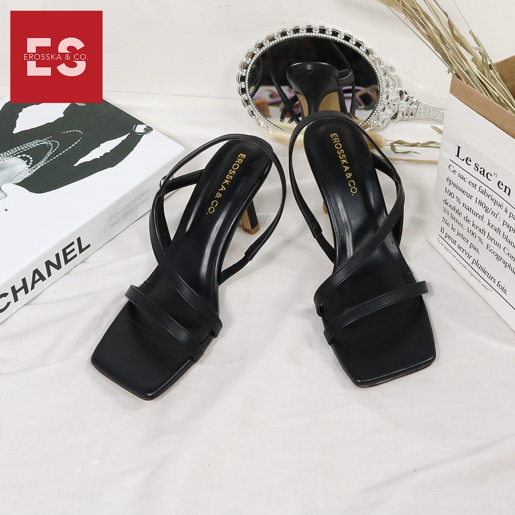 Giày sandal cao gót Erosska mũi vuông quai ngang phối dây cao 7cm màu đen - EB022