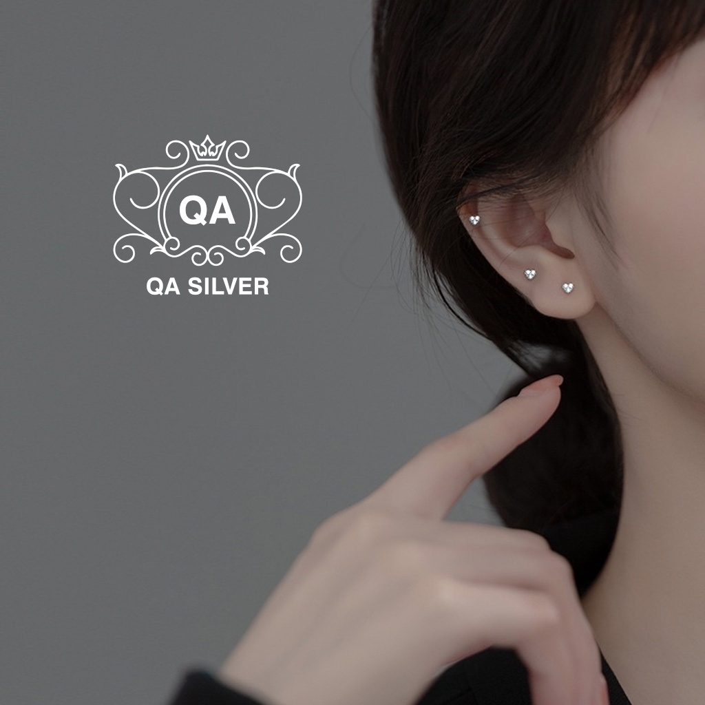 Khuyên tai bạc trái tim đính đá bông tai bạc chốt bi vặn tròn ren xoắn S925 HEART Silver Earrings QA SILVER EA191002