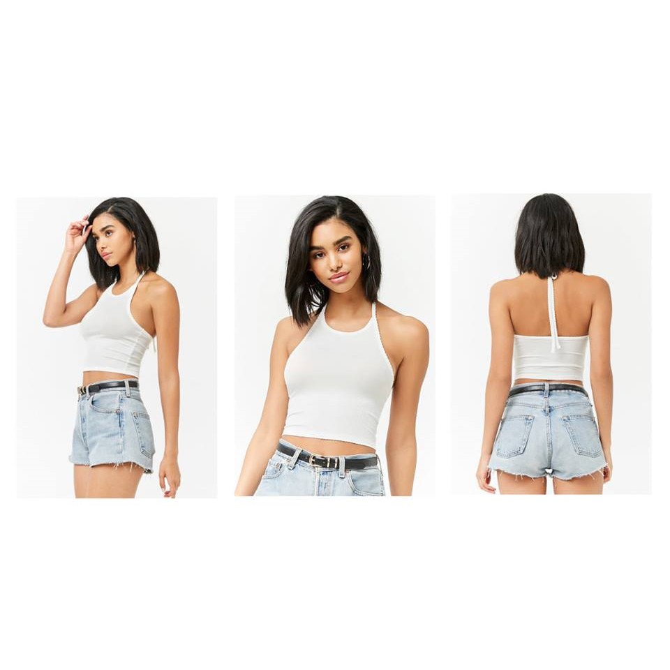 Áo yếm croptop F21 thun gân phối ren lai (Ribbed Halter Crop Top)