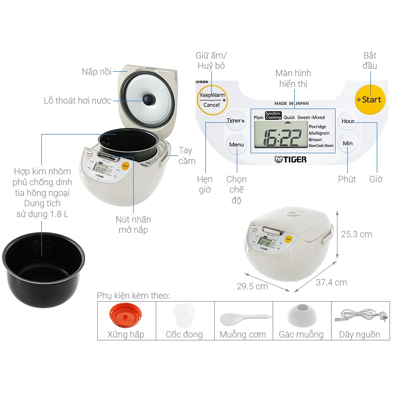 Nồi cơm điện tử 4in1 1,8 lít Tiger JBV-S18W 790W - Hàng chính hãng