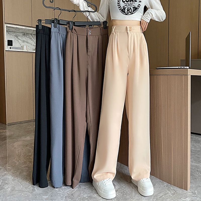 Quần Dài Ống Rộng Lưng Cao Màu Trơn Đơn Giản Thời Trang Hàn Quốc