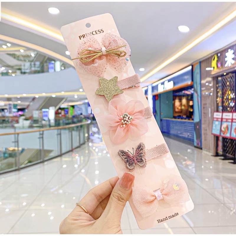 Set 5 kẹp nơ ren họa tiết hoa lá cực xinh màu pastel phong cách Hàn Quốc - kẹp tóc cho bé