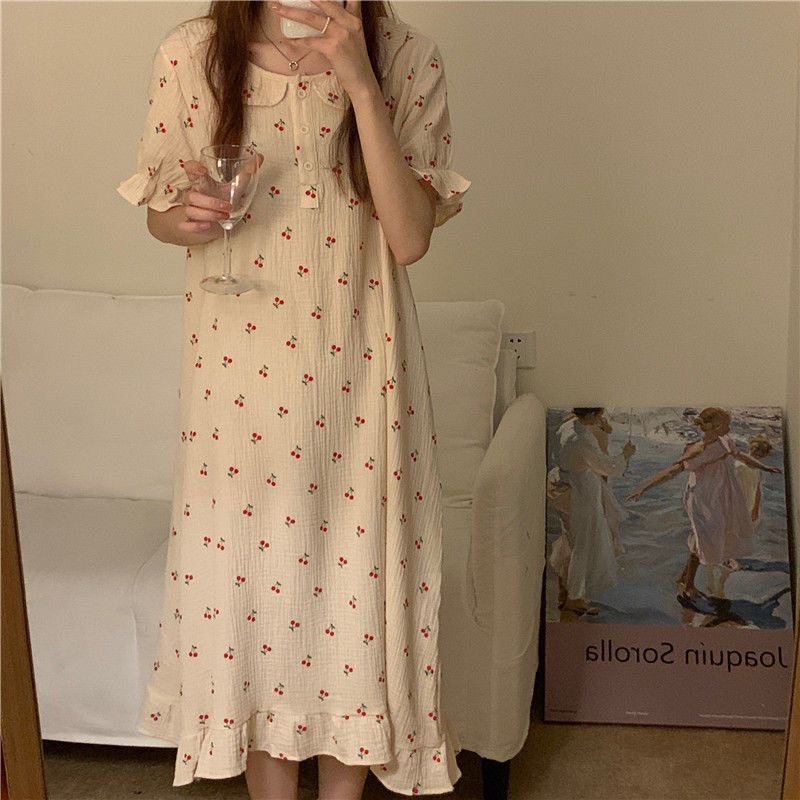 Váy ngủ - đầm dài qua gối vải xô muslin cao cấp mềm mại, tay ngắn phồng đáng yêu, họa tiết xinh xắn