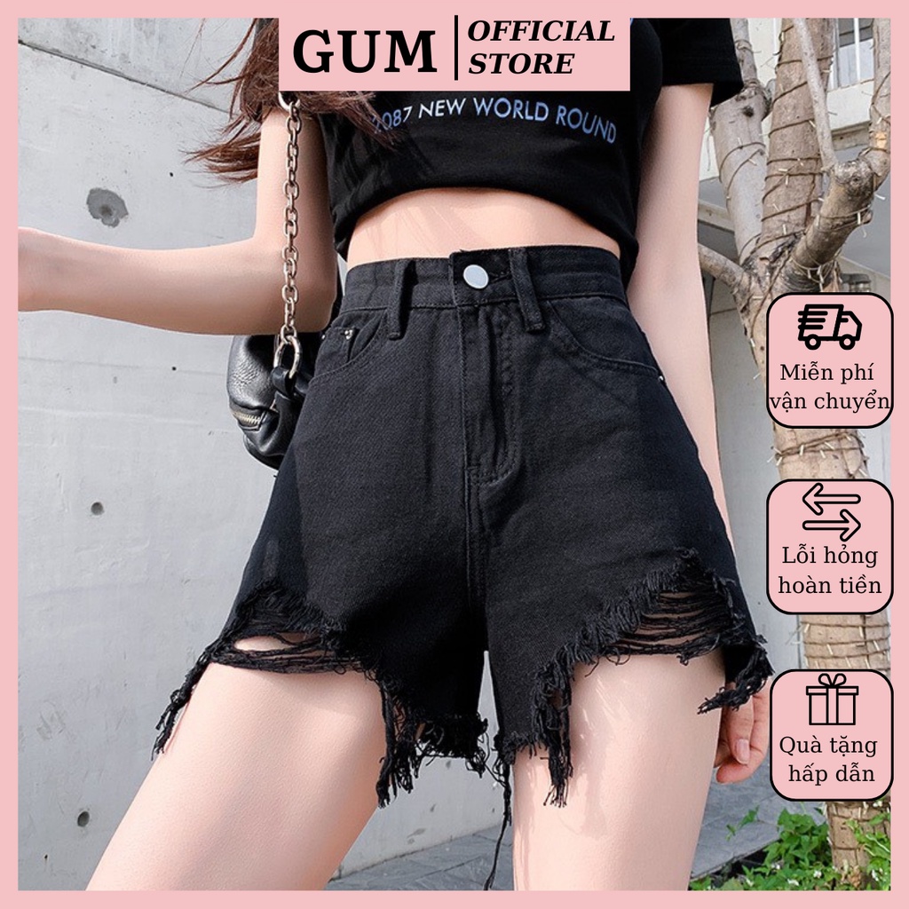 Quần Đùi Nữ Rách GUM OFFICIAL cạp cao đen trắng, quần short jeans ngắn rách đùi hàng Quảng Châu cao cấp