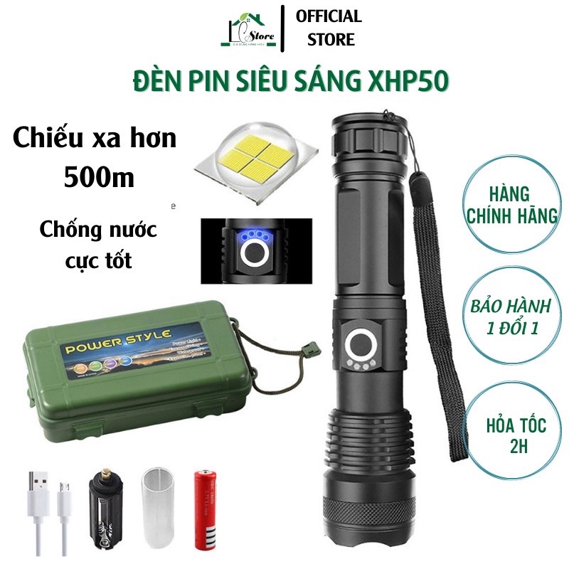 Đèn Pin Siêu Sáng XHP50 Chống Nước Zoom Xa Gần