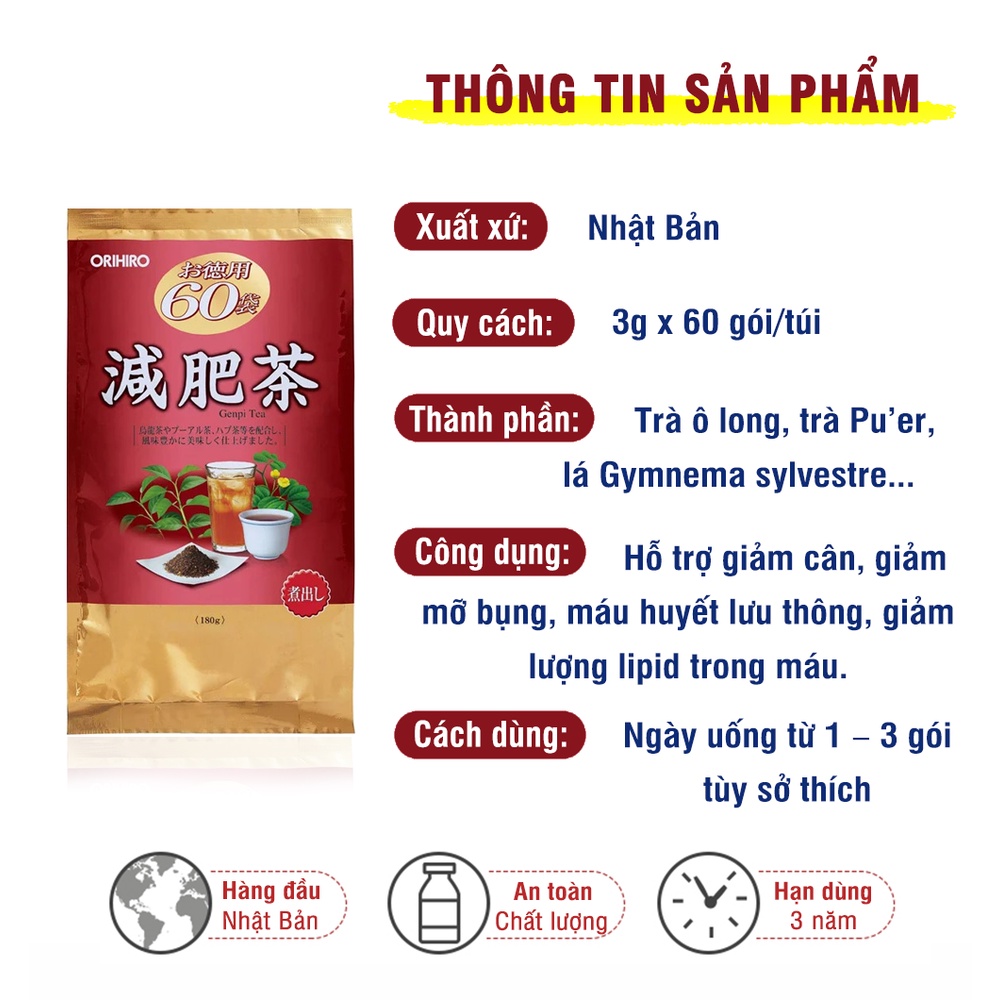 Trà giảm mỡ bụng Genpi Orihiro Nhật Bản hỗ trợ giảm béo, mỡ bắp tay và đùi, chống oxy hoá gói 60 túi lọc TM-OR-GEN01
