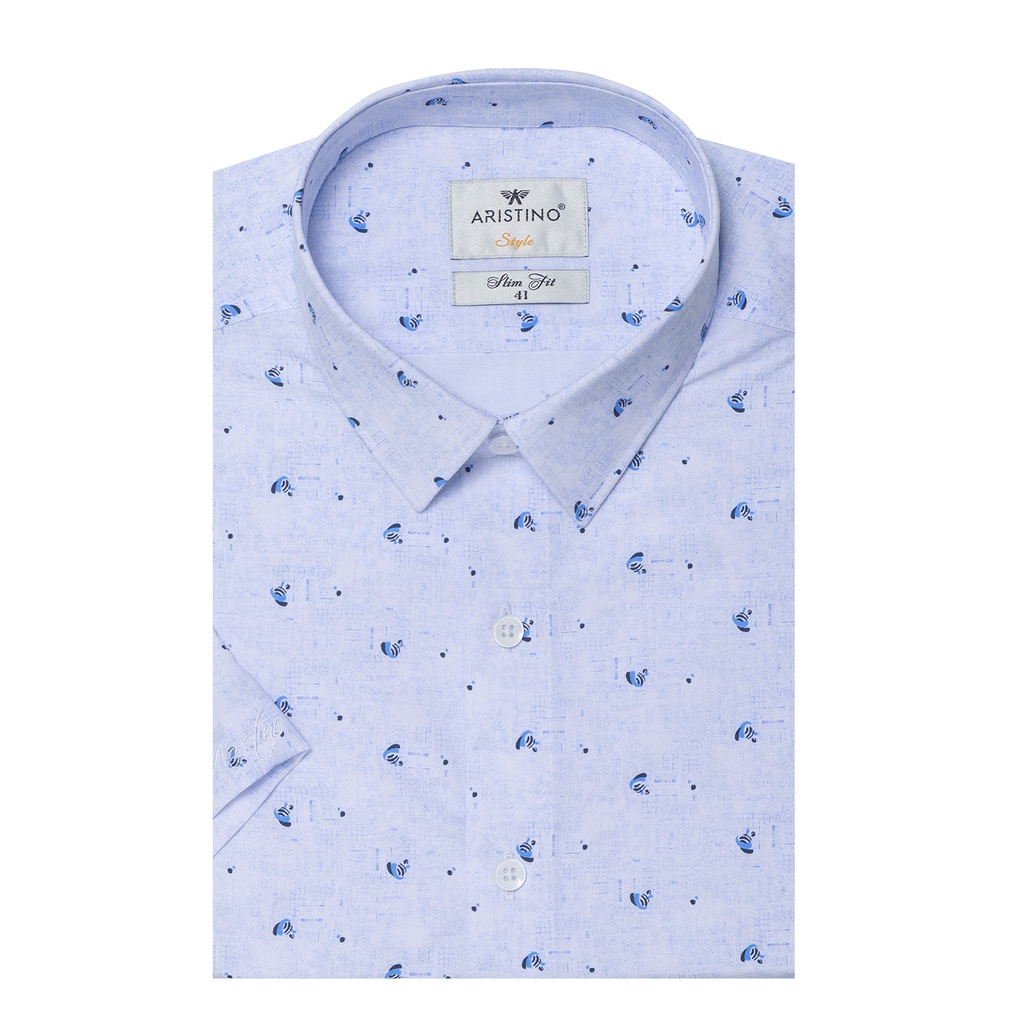 Áo sơ mi nam ngắn tay ARISTINO phom Slim fit ôm vừa vặn, họa tiết in xanh trẻ trung, nổi bật - ASS231S1