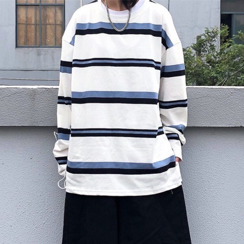 Áo thun cổ tròn tay dài họa tiết kẻ sọc thời trang dành cho nam