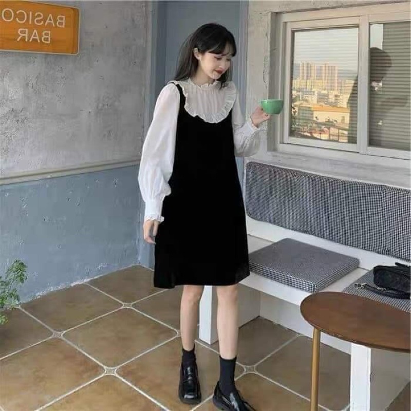 váy umi đen phối sơ mi trắng tay bồng, đầm công sở phối tay sơ mi von dài tay