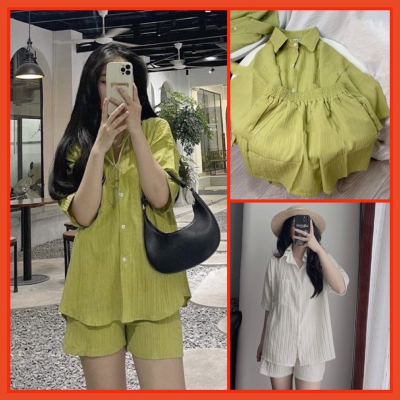 🌸 Bộ đồ quần short đùi kèm áo sơ mi cộc tay lỡ phối cúc hàn quốc 🌸
