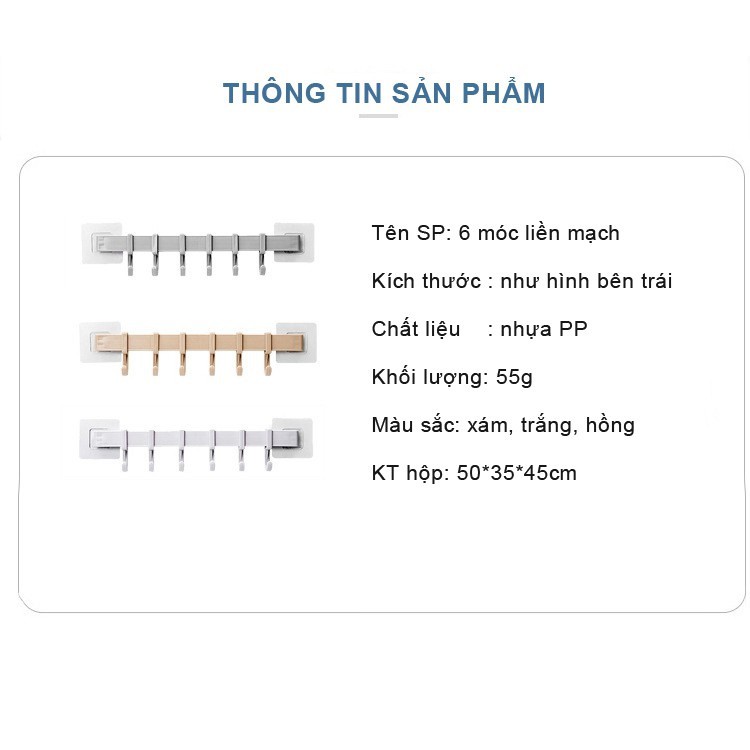 Móc treo dán tường nhà tắm nhà bếp 6 móc di động siêu chắc không khoan đục