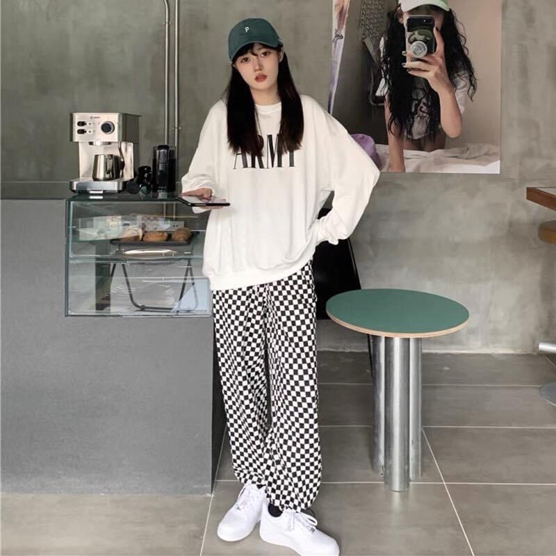 Quần Ống Suông Dây Rút Caro Unisex Ảnh Thật