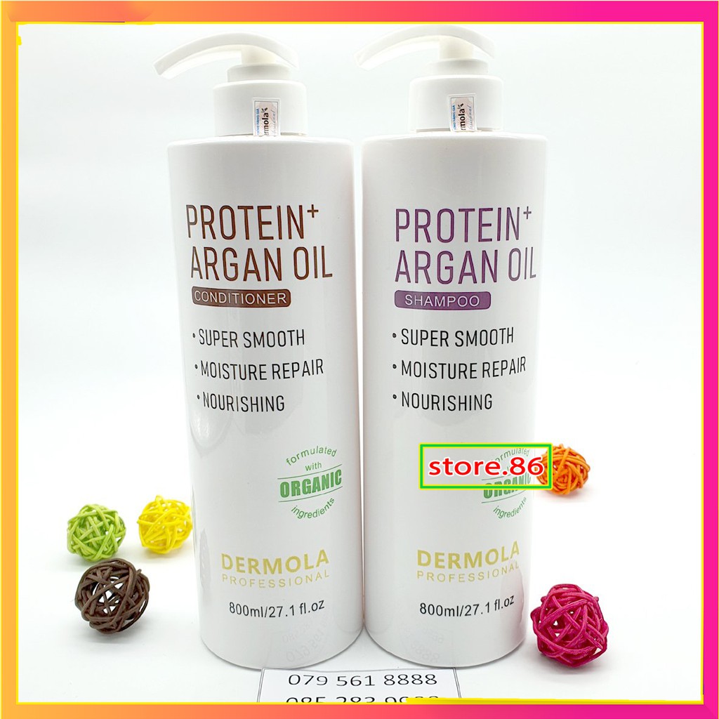 Dầu gội protein collagen phục hồi tóc hư tổn khô sơ kiềm dầu sạch gàu, cặp gội xả DERMOLA protein chính hãng 800ml