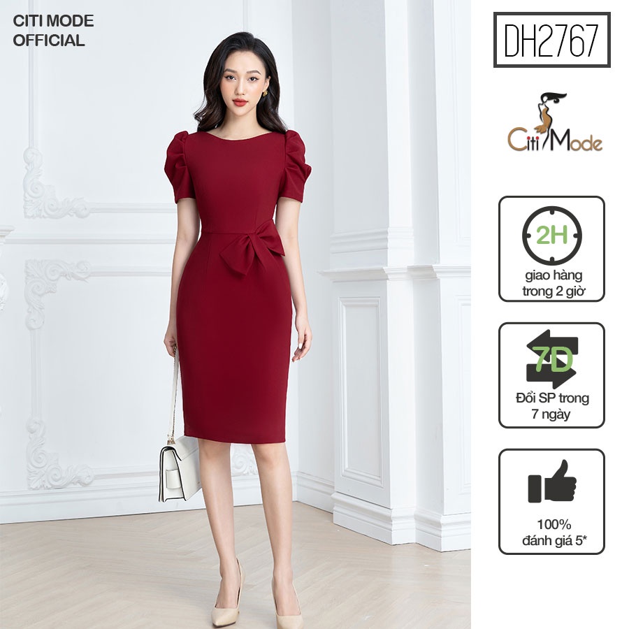 Đầm ôm công sở CITI MODE tay bồng ngắn cổ tròn chất vải co giãn nhẹ | BigBuy360 - bigbuy360.vn