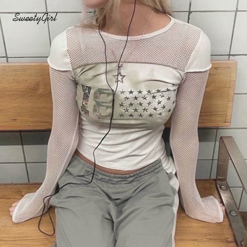 Áo Thun Tay Dài Cổ Tròn Phối Lưới In Họa Tiết Thời Trang 2022 Quyến Rũ Cho Nữ