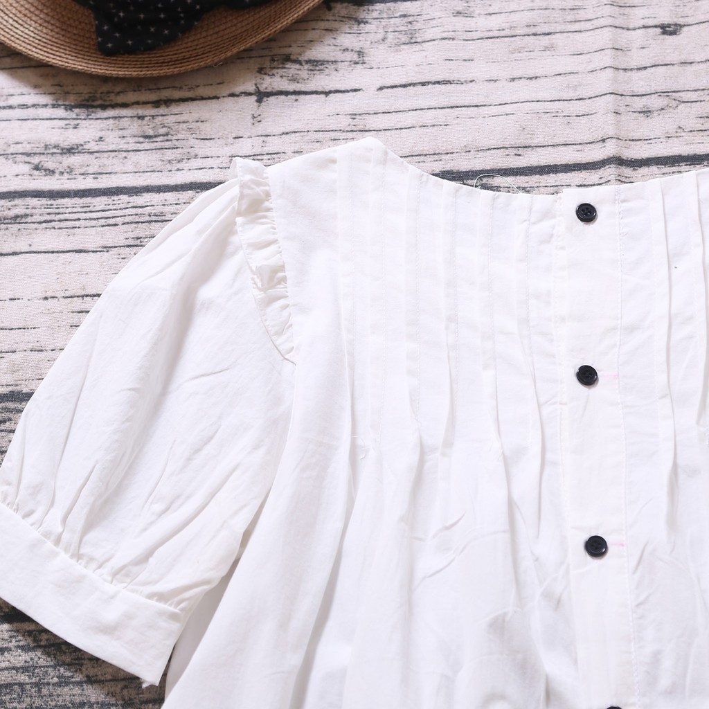 ÁO SƠ MI TRẮNG BABYDOLL XẾP LY TAY BỒNG