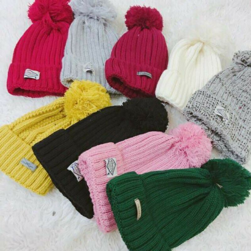Mũ Len Beanie Gân Quả Bông Nhiều Mầu { Bán Sỉ }