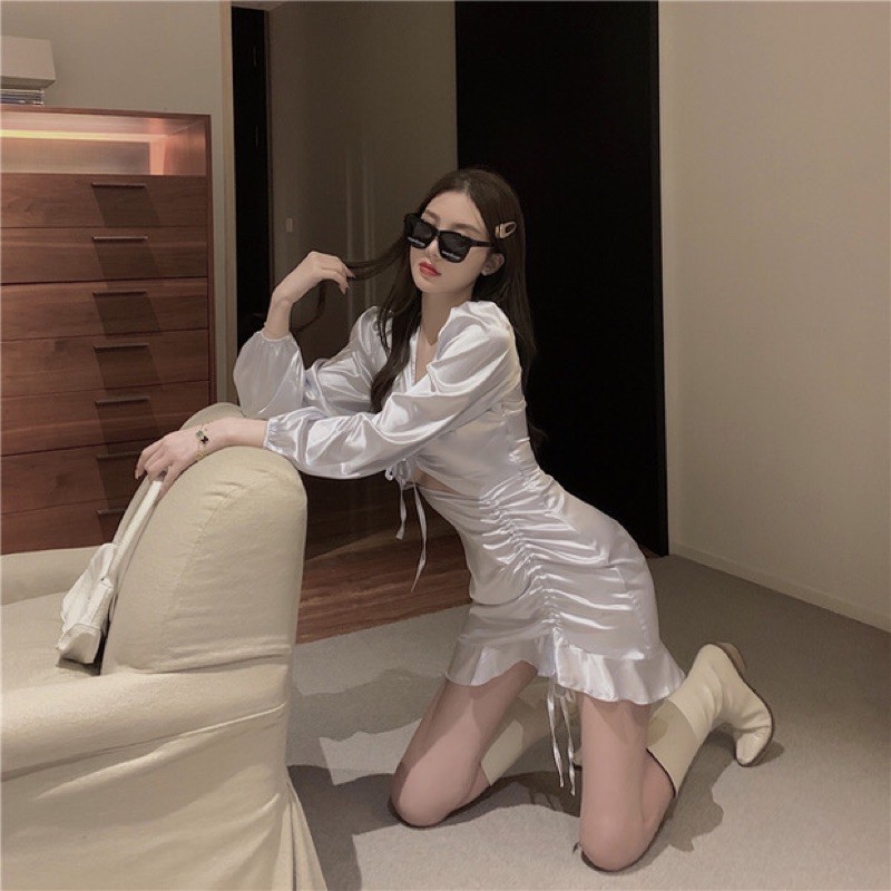 [Hàng Còn Sẵn Trắng, Đen Đang Về Thêm] Đầm lụa body dây rút tôn dáng ulzzang | BigBuy360 - bigbuy360.vn