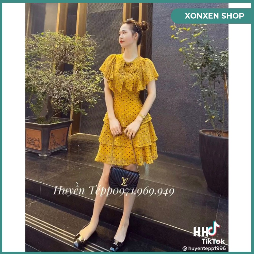 Áo đầm nữ, áo đầm voan chấm bi 3 tầng XONXEN SHOP HUẾ chất vaon mềm mịn sang chảnh size s m, mã 41