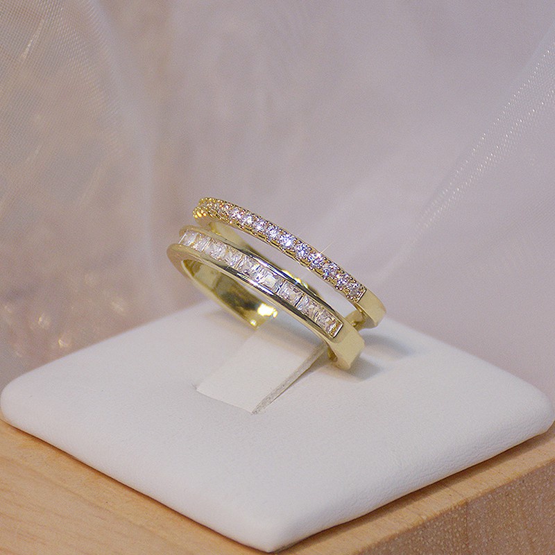Nhẫn hở hai lớp mạ vàng thật 14k đính đá zircon có thể điều chỉnh cho nữ