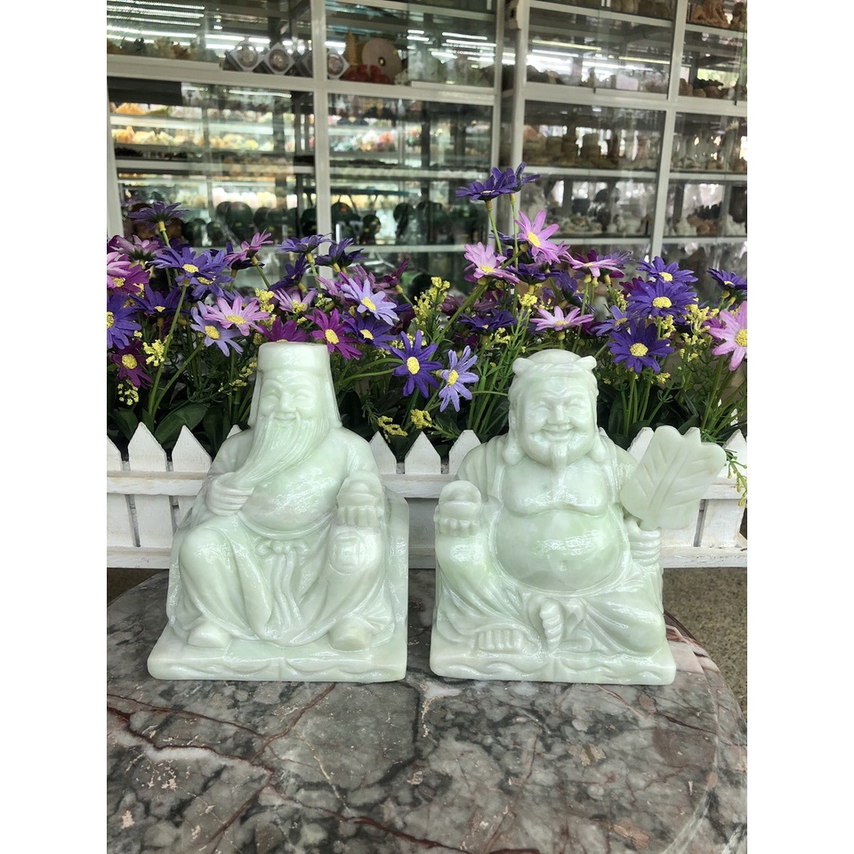 Bộ tượng thờ Tài Địa Thần Tài Thổ Địa đá trắng xanh - Cao 15 cm