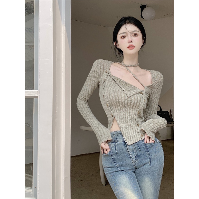 Porozi  Áo Croptop Dệt Kim Tay Dài Cổ Vuông Kiểu Hàn Quốc Xinh Xắn Cho Nữ