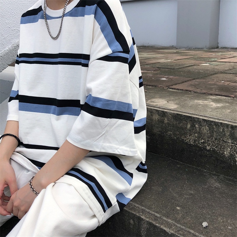 Áo Thun Cổ Tròn Tay Ngắn Họa Tiết Kẻ Sọc Đơn Giản Thời Trang Cho Nam Size M-3XL