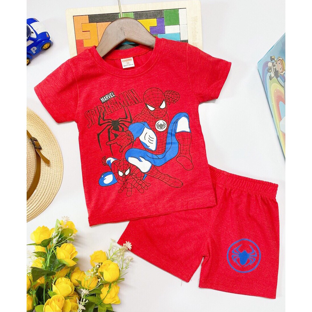 Bộ cộc tay cotton in hình siêu anh hùng cho bé trai 8kg đến 22kg