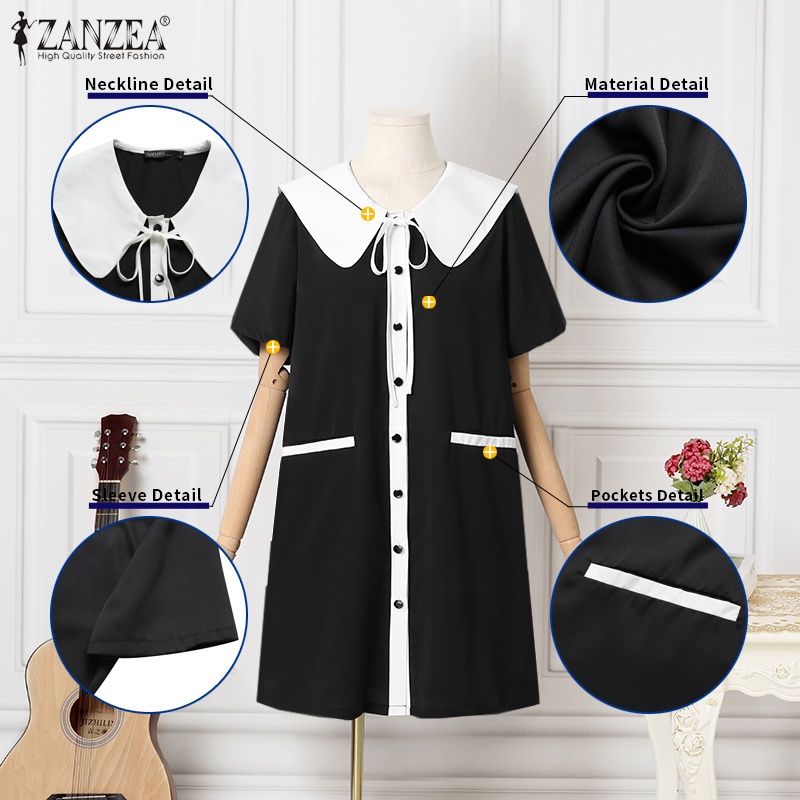 Đầm tay ngắn Zanzea phối màu tương phản phong cách Hàn Quốc thời trang cho nữ