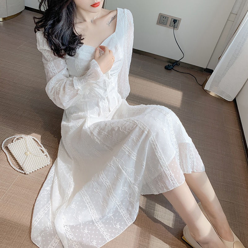 Lace Dress French Style Retro Trumpet Sleeve Square Collar Drawstring Waist-Controlled Slimming Long Sleeve Fairy Dress Female Temperament | BigBuy360 - bigbuy360.vn