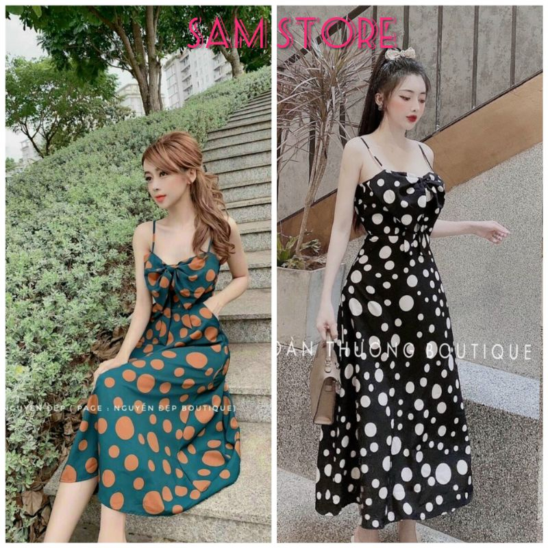Đầm 2 Dây Xoè Nơ Ngực Chấm Bi Size M SamStore