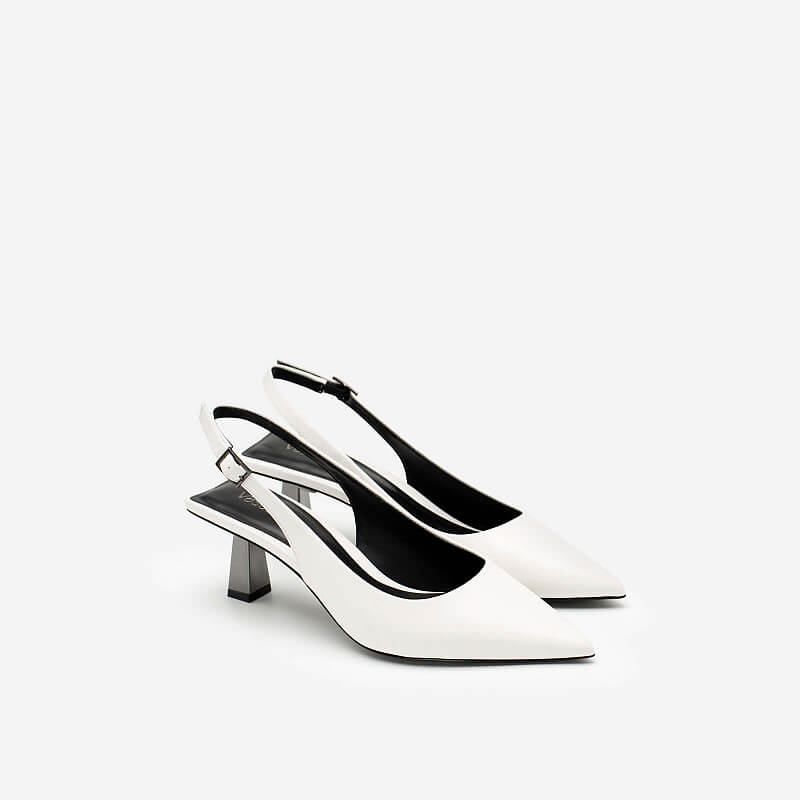 Vascara Giày Slingback Mũi Nhọn Gót Trụ Metallic BMN 0480 Trắng