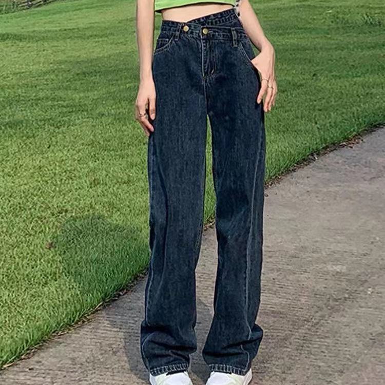 COZOK Quần jean ống rộng lưng cao phong cách Hàn Quốc