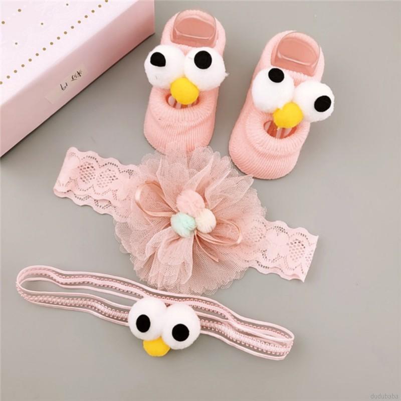 Bộ vớ chất liệu cotton và băng đô họa tiết hoa xinh xắn đáng yêu dành cho bé sơ sinh