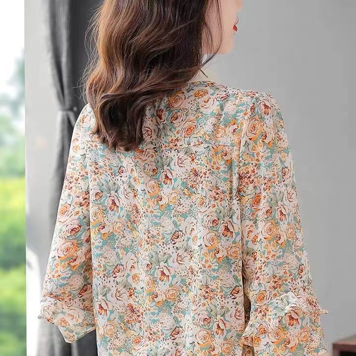 Áo Sơ Mi Chiffon Tay Lửng Cổ Bẻ In Họa Tiết Hoa Phong Cách Phương Tây Thời Trang Mùa Hè Dành Cho Nữ