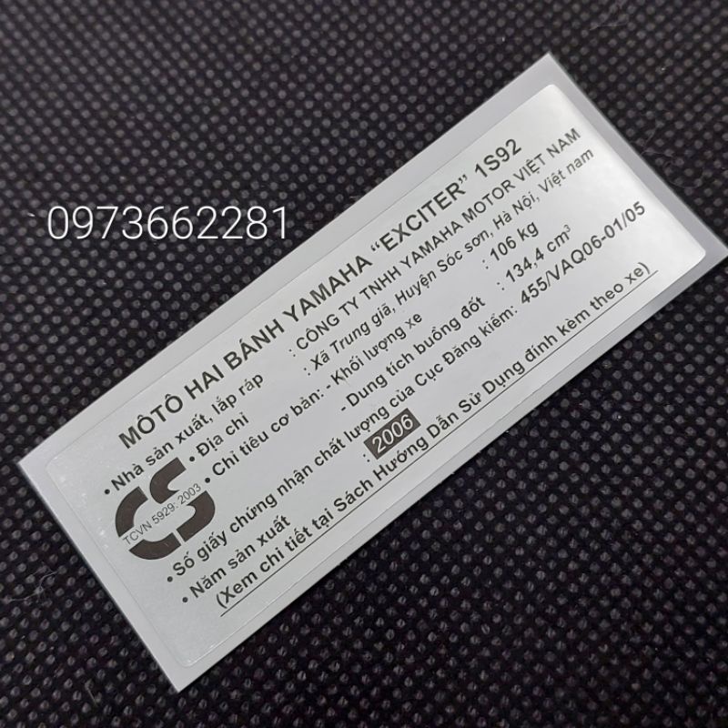 Tem dán càng gắp EXCITER 2006.1S92, Tem thông số năm Sản xuất
