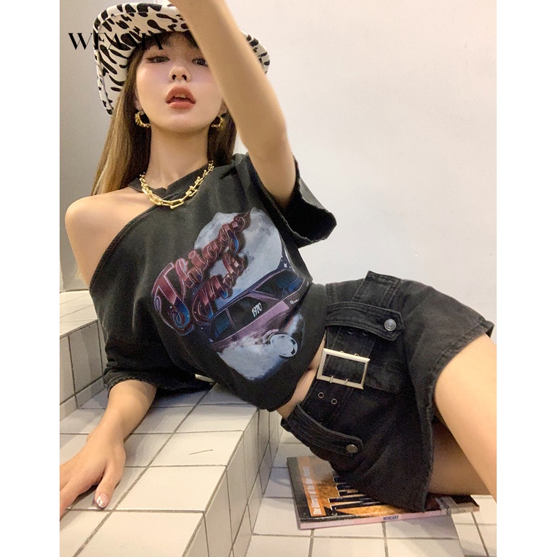 Chân Váy Denim Lưng Thấp Màu Trơn Phối Thắt Lưng Kiểu Hàn Quốc Cá Tính