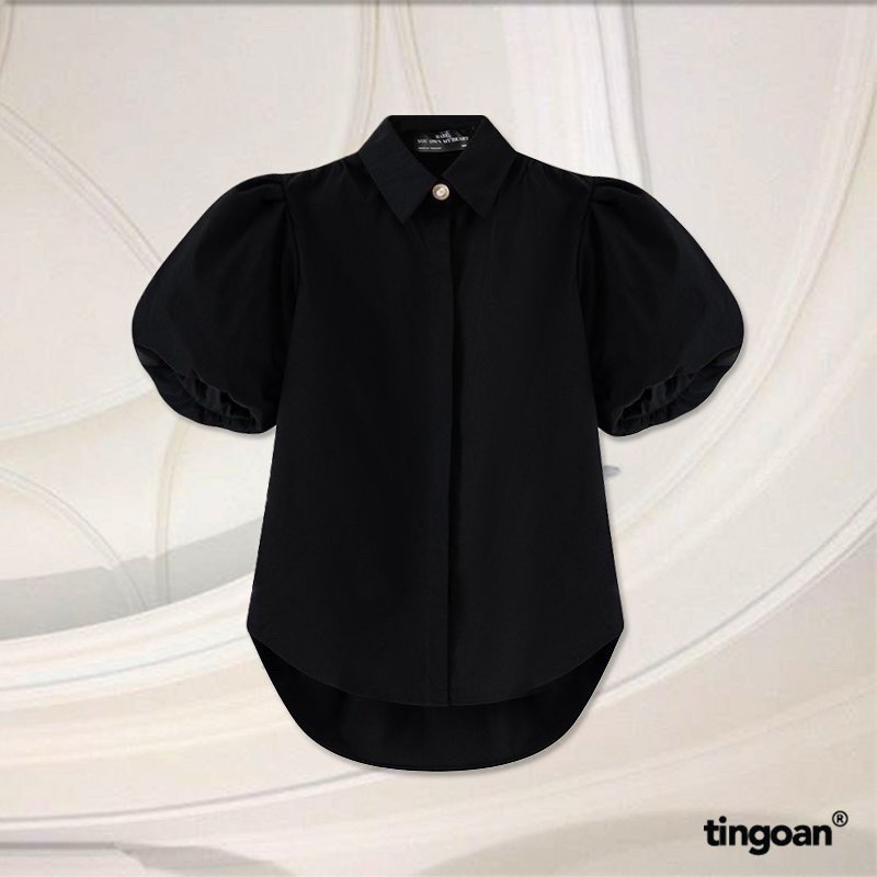 TINGOAN® - Áo sơ mi vai phồng cộc tay chống nhăn đen BABY CHAELA SHIRT/BL