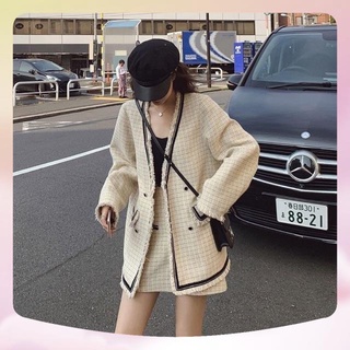 (Kèm ảnh thật)Set áo dạ + chân váy dạ kẻ bộ 2 mảnh