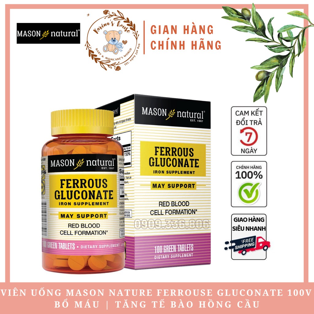 Viên Uống Bổ Máu, Tăng Tế Bào Hồng Cầu MASON NATURAL Ferrouse Gluconate 100 Viên