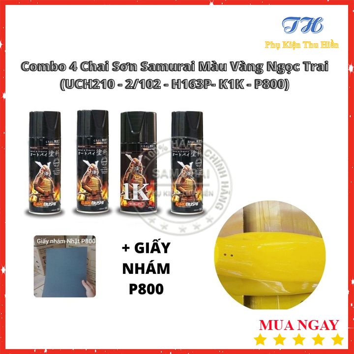 Combo 4 Chai Sơn Samurai Màu Vàng Ngọ Gồm: UCH210 - 2/102 - H163P - K1K - P800 ( Kèm Giấy Nhám )