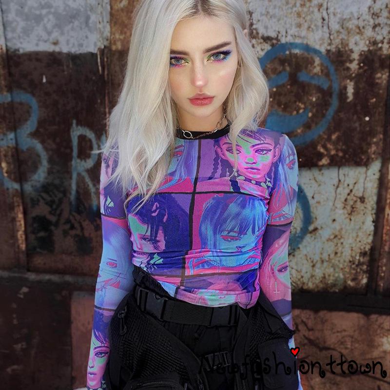 Áo Croptop Tay Dài Cổ Tròn In Họa Tiết Mặt Người Nhiều Màu Sắc Thời Trang Cho Nữ