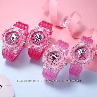 Đồng hồ kim có đèn led hình Hello Kitty màu hồng đậm siêu xinh cho bé gái - 24NDHKIMEHD
