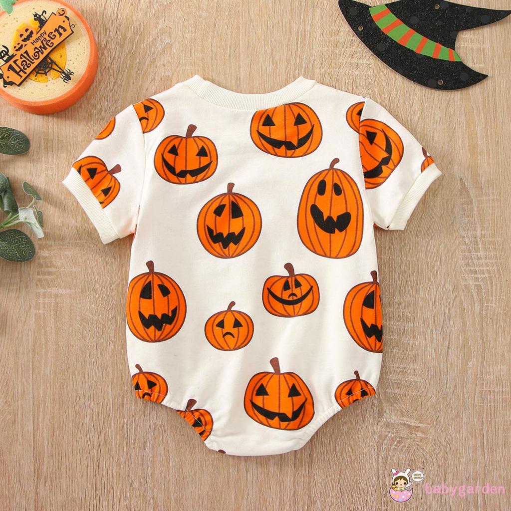 Áo Liền Quần Ngắn Tay Cổ Tròn In Họa Tiết Bí Ngô Hoạt Hình Phong Cách Halloween Cho Bé 0-3 Tuổi