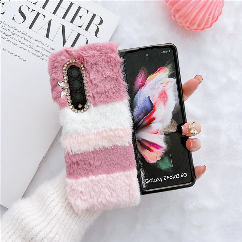 Ốp Lưng Bọc Lông Mềm Đính Hình Tai Thỏ Cho Điện Thoại Samsung Galaxy Z FOLD 3 4 5G